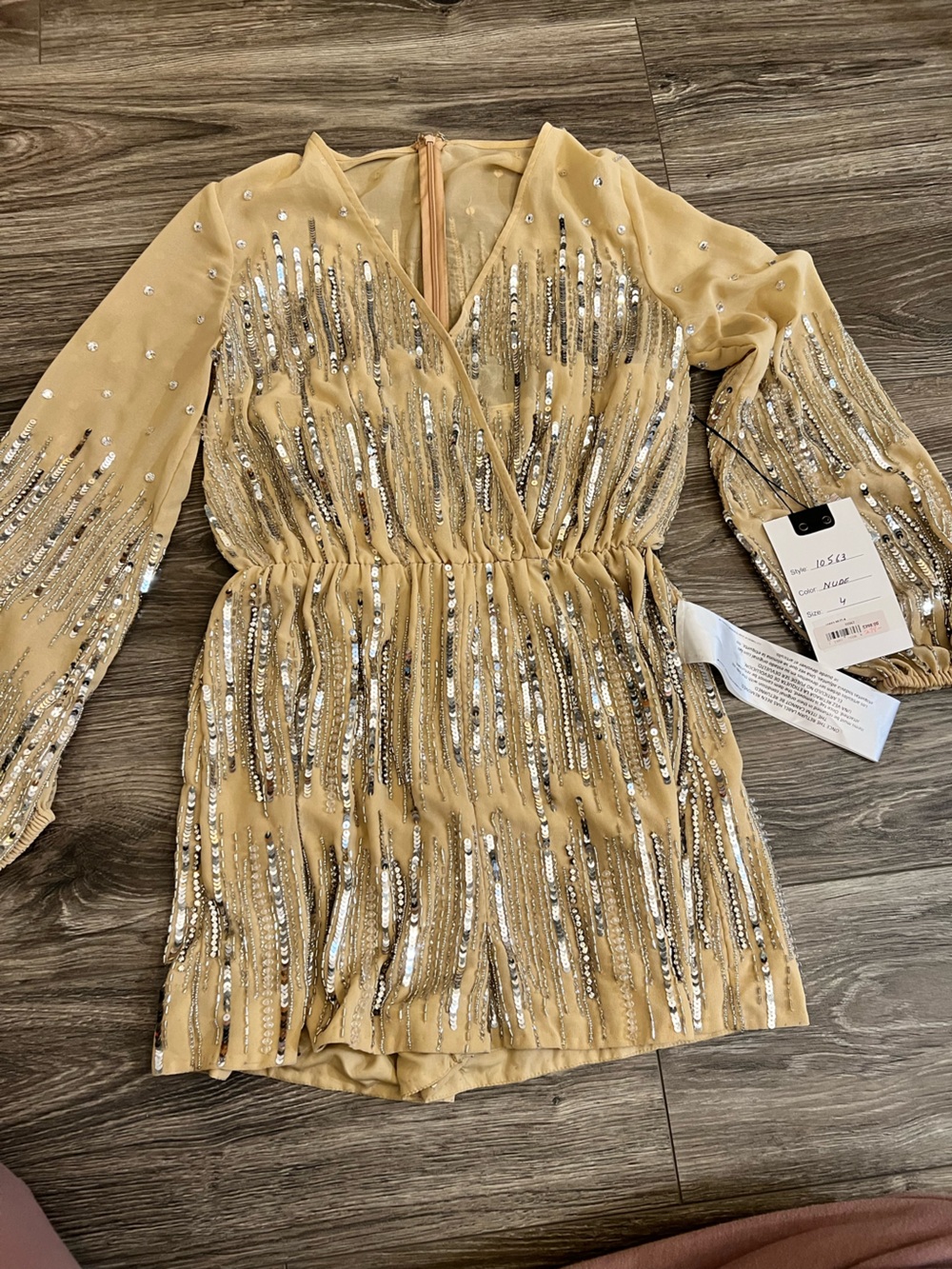 Mac Duggal Gold Beaded Long-Sleeve Romper Dress